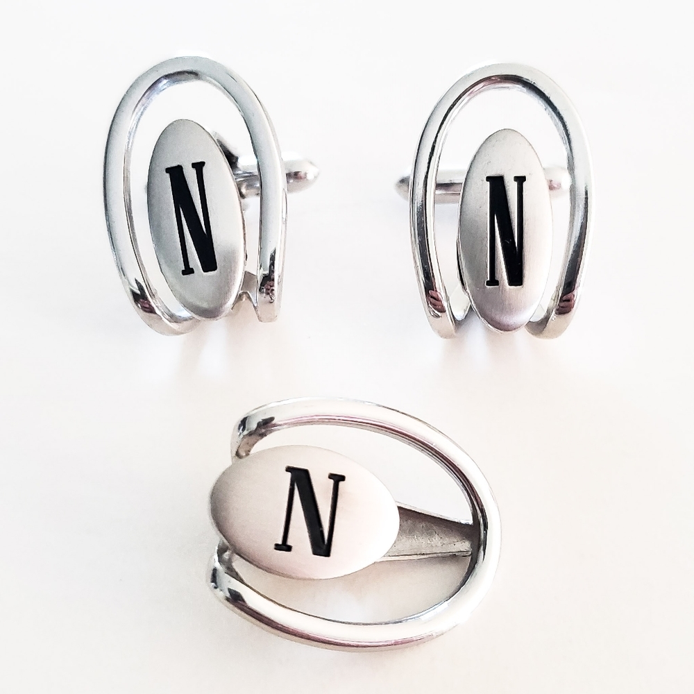 Swank Vintage 1950s Cufflinks Set Letter N Initial Illusion Design Silver Black